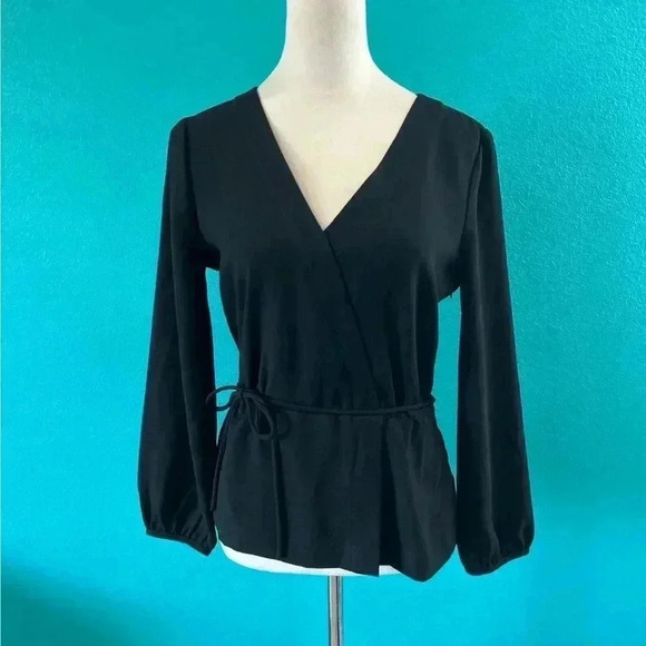 J crew drapery crepe faux wrap black top peplum tie waist surplace blouse - Picture 2 of 5